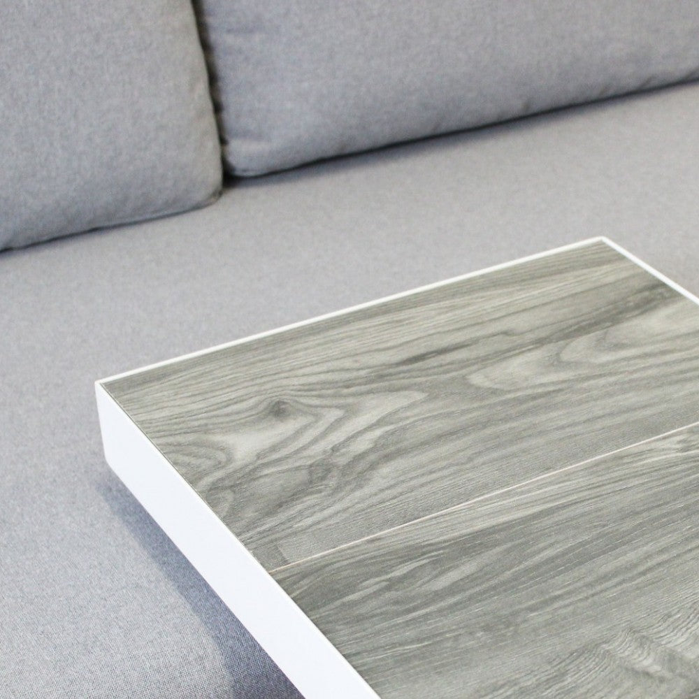 Divano in alluminio bianco con tavolino integrato e cuscini inclusi 70/135x75/140xH75 cm