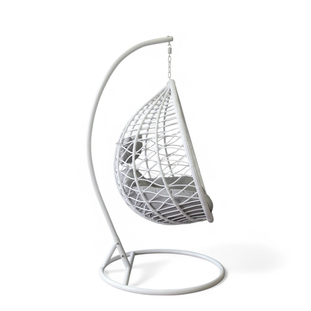 Dondolo da giardino in metallo tortora opaco con seduta in wicker grigio bianco naturale e cuscino poliestere elegante resistente