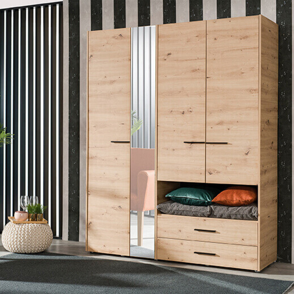 Armadio guardaroba 3 ante e 2 cassetti in legno nobilitato bilaminato con scomparto porta oggetti Silvian