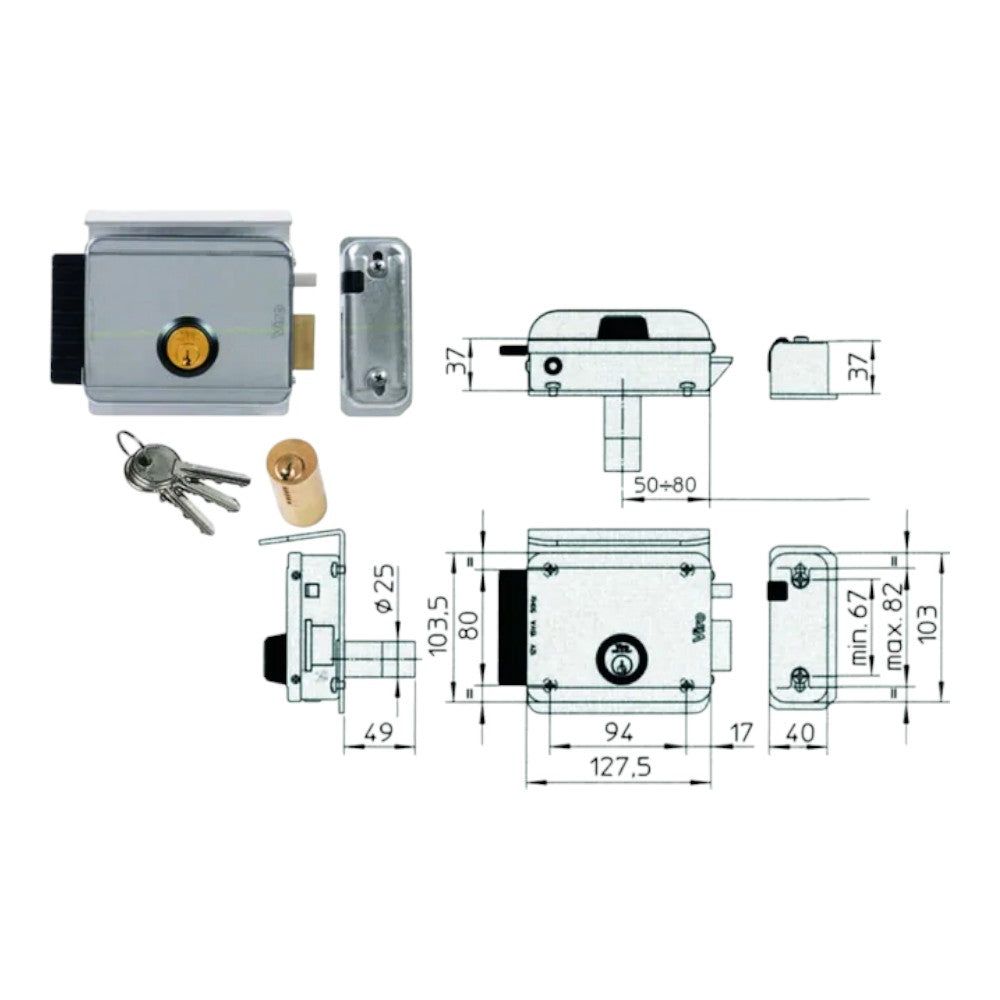 Elettroserratura per cancelli con tetto 12v ac scrocco autobloccante regolabile apertura interna chiave cilindro fisso acciaio zincato