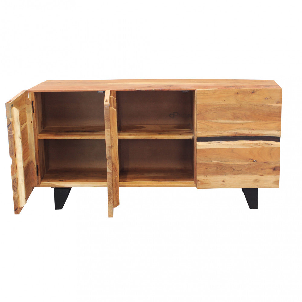 Credenza da ingresso casa in legno lavorato di acacia con 3 ante e piedi in metallo Kinde