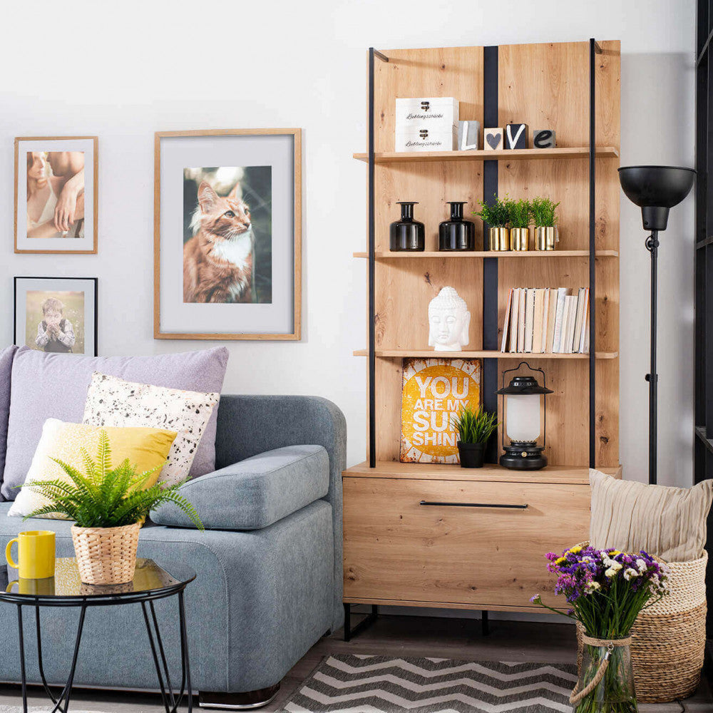 Mobile da ingresso soggiorno in legno e metallo 4 ripiani e cassetto doppio scomparto con anta a ribalta Linea Industrial