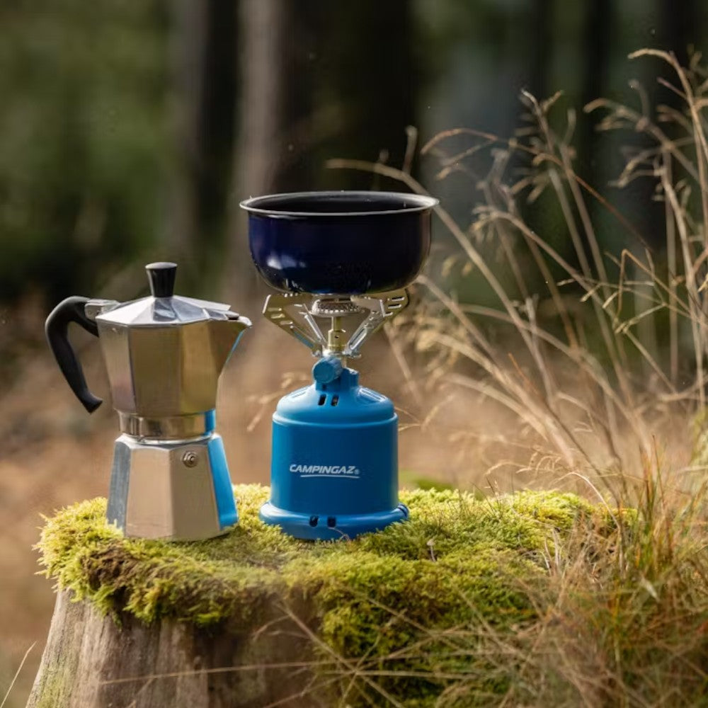 Fornellino gas portatile per campeggio con supporto plastica e stabilizzatore pentola acciaio potenza 1250 watt