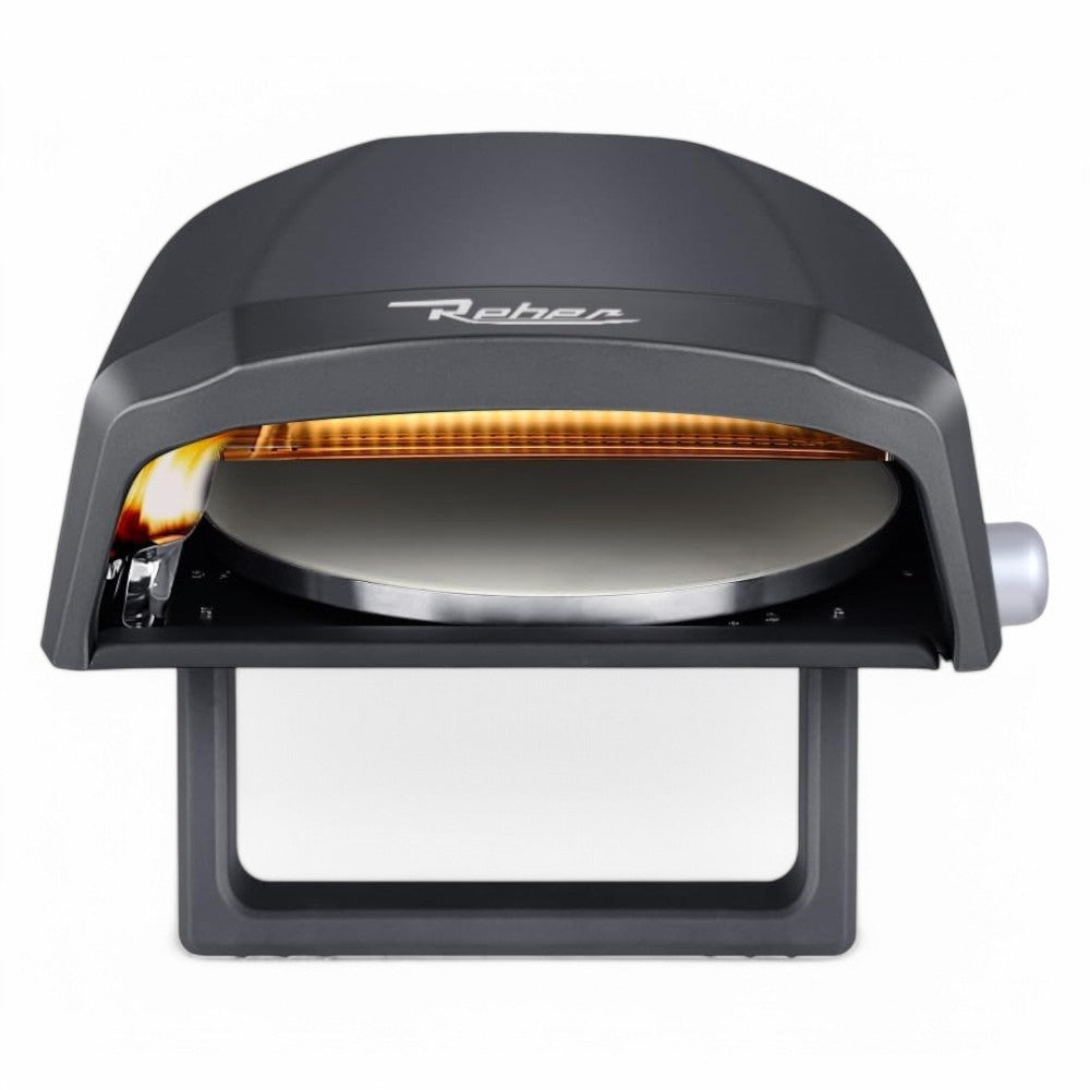 Forno pizza a gas con piatto rotante e doppio bruciatore in acciaio inox 64x44x31,5 cm