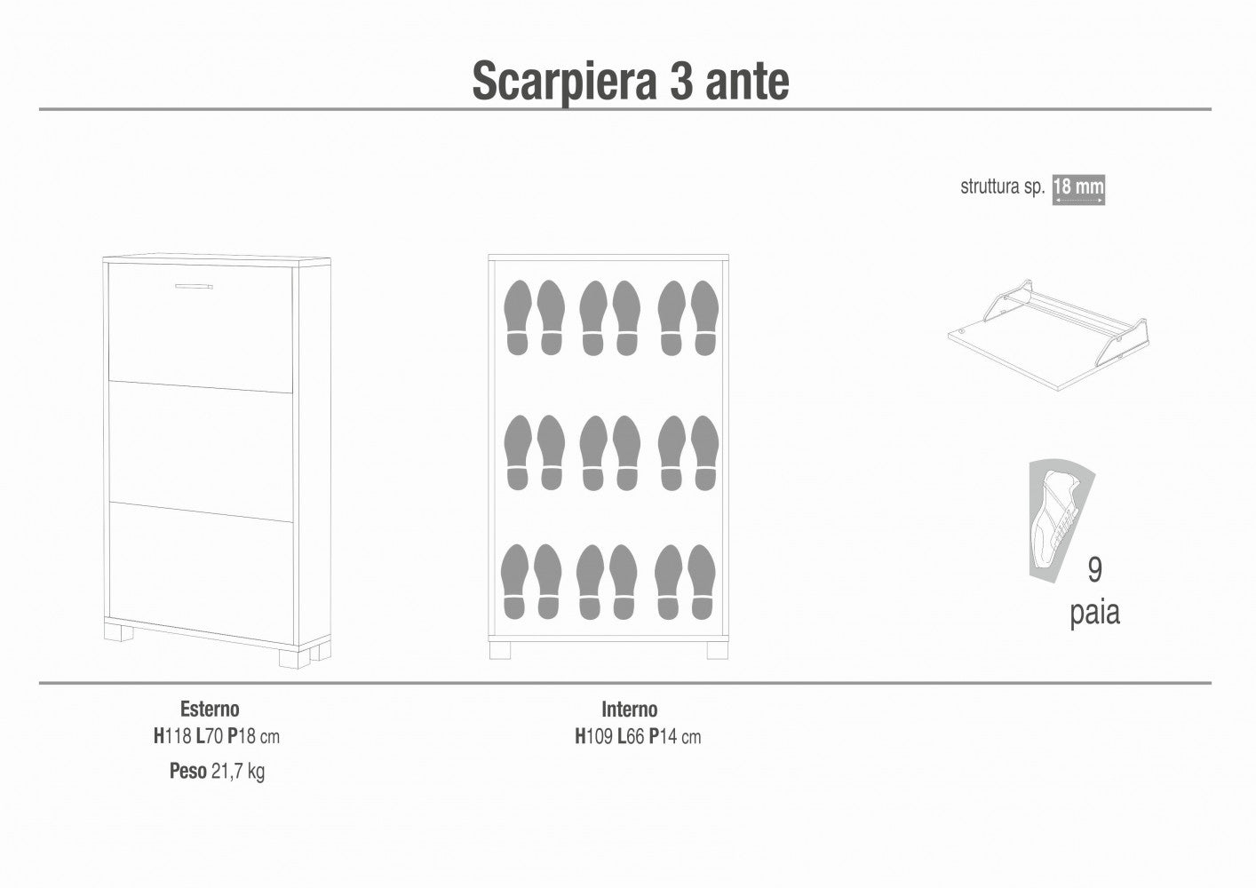 Scarpiera tre ante salvaspazio in MDF finitura titanio e quercia bianco dimensioni compatte cm 70 x 18 x 115