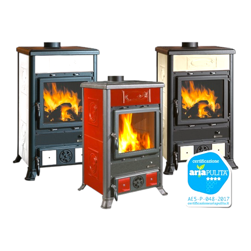 Stufa a legna con rivestimento in maiolica 8,8 kW Rossella R1 Liberty Nordica Extraflame