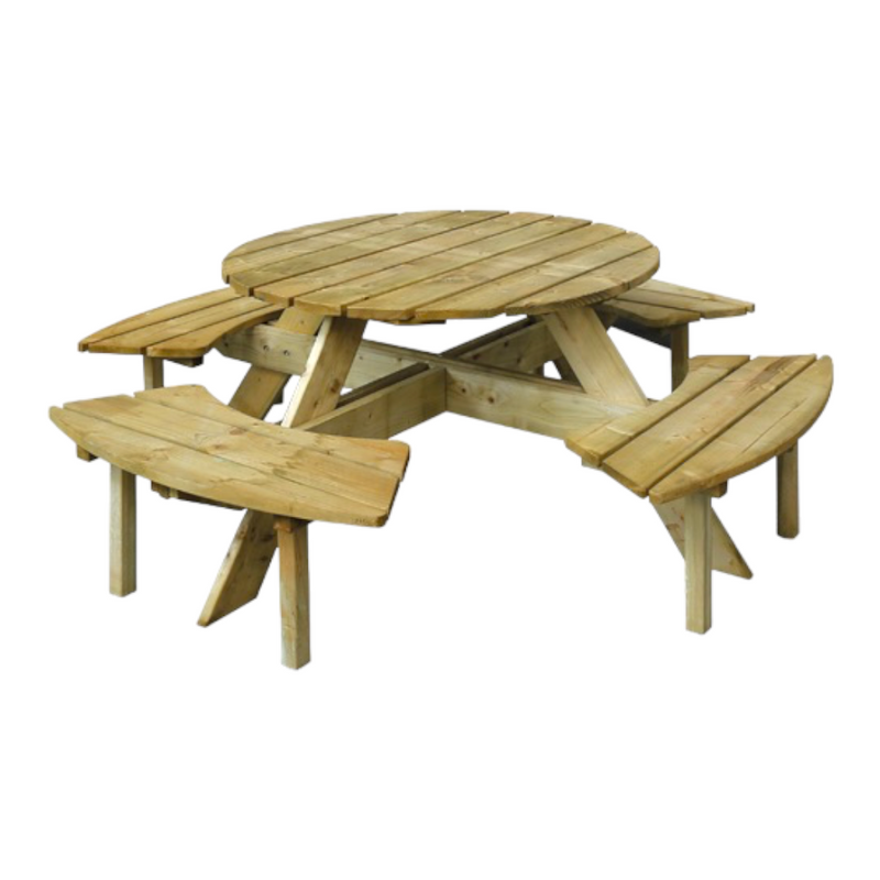 Tavolo tondo con panche in legno di pino massello autoclavato 110x186xH68 cm LASA