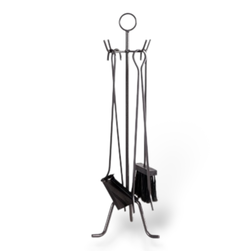 Fireplace set 4 black Primo tools with wrought iron perch