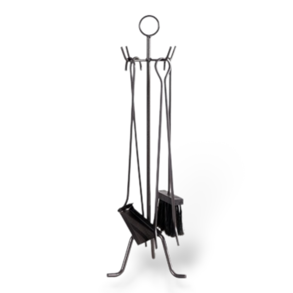 <transcy>Fireplace set 4 black Primo tools with wrought iron perch</transcy>