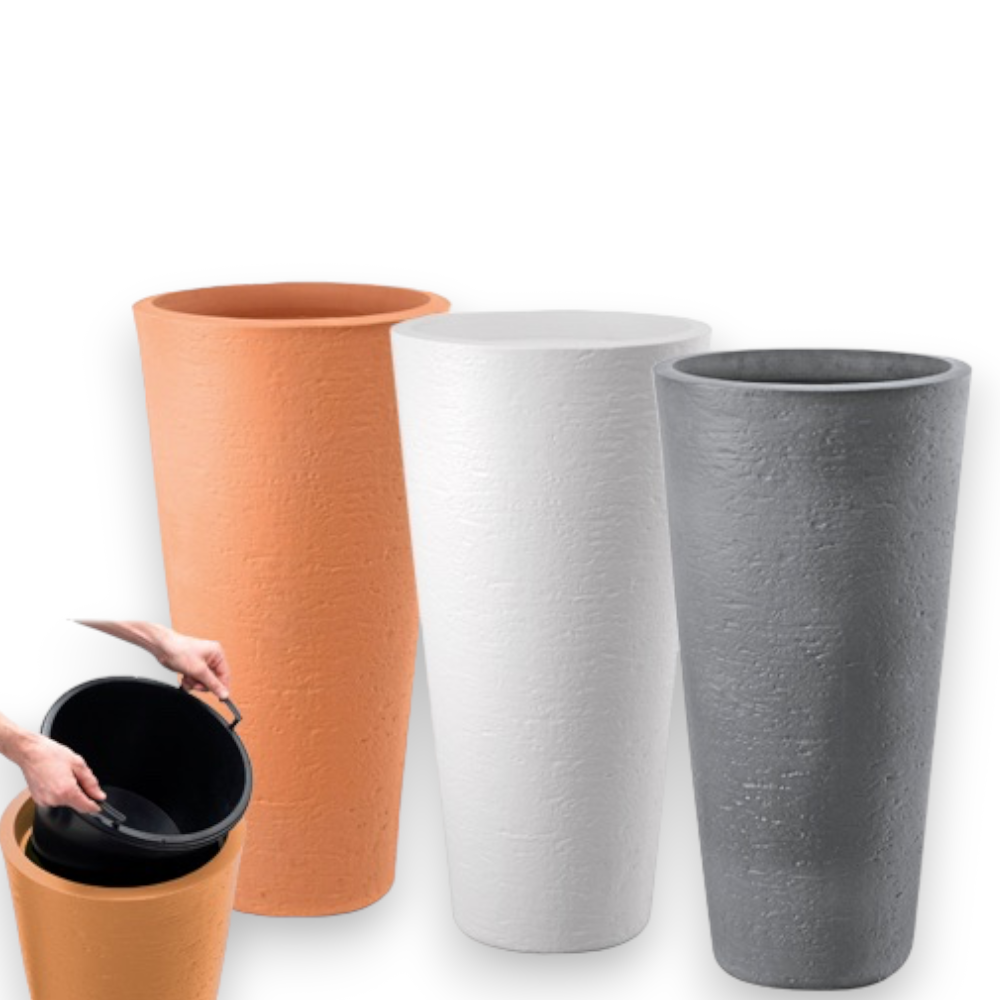 Vaso tondo alto a cono Ø40xH78 cm in resina resistente da esterno con vaschetta estraibile Tirso Plus GDM