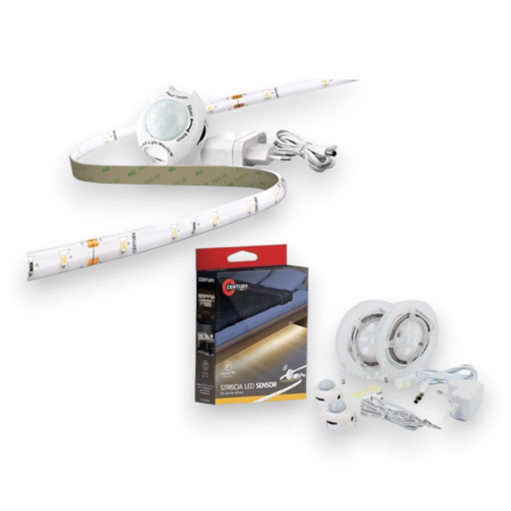 Kit led adesivi 2 rotoli 1,2 mt con sensore notturno di movimento luce bianco caldo 7W Century