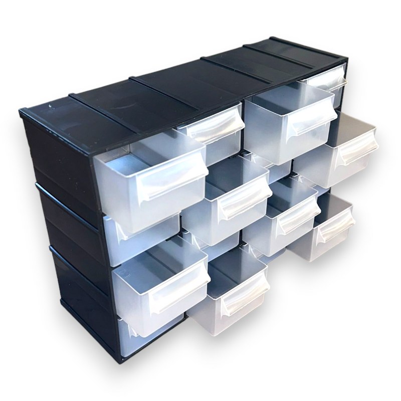 Cassettiera organizer porta minuterie impilabile ad incastro 16 cassetti 22x8.5xH15.6 cm