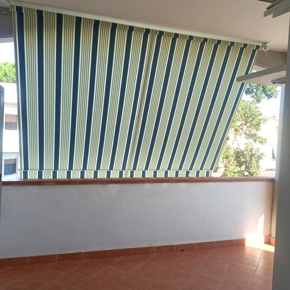 Tenda da balcone para sole a caduta 300x250 cm verde e crema a righe con profili in alluminio