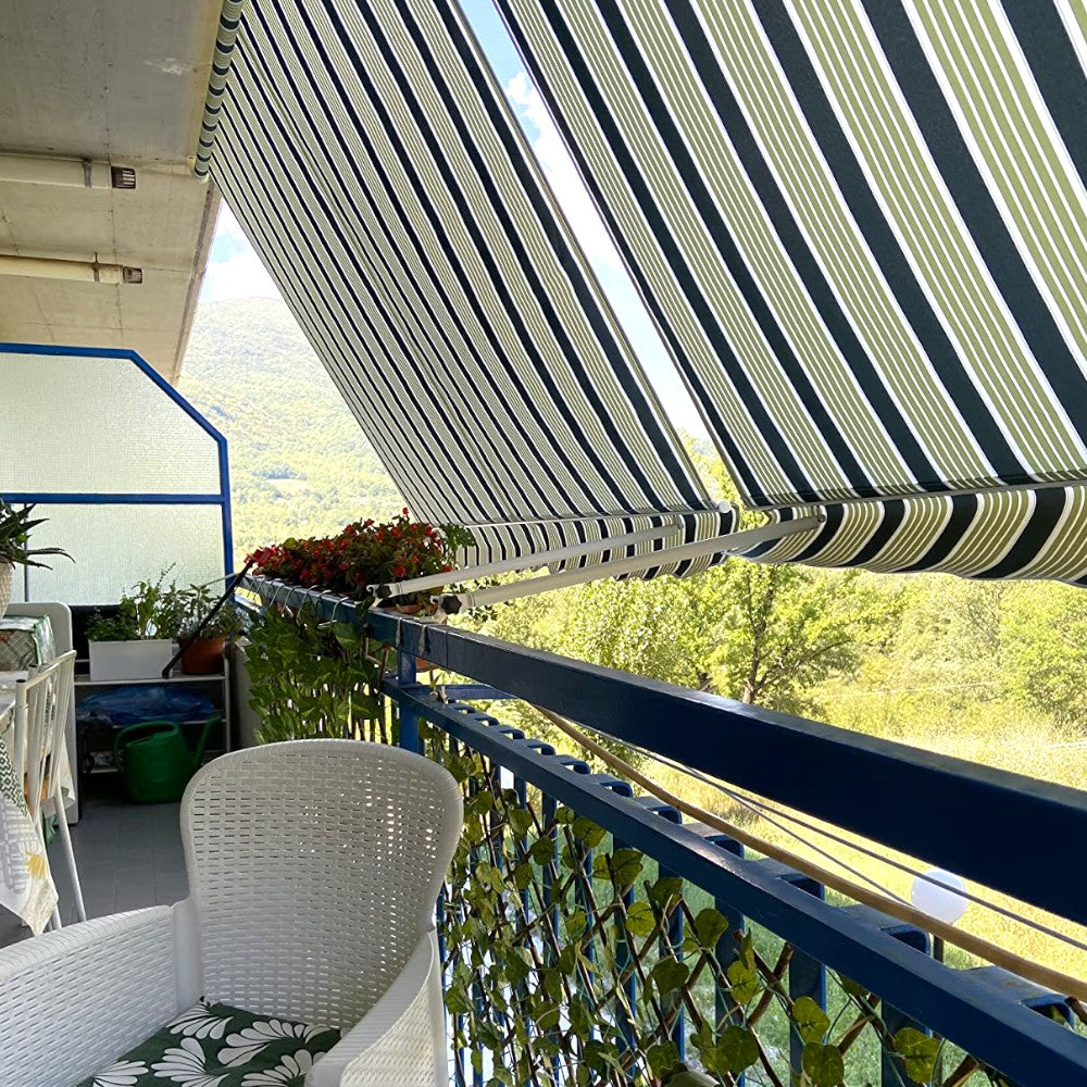 Tenda da balcone para sole a caduta 300x250 cm verde e crema a righe con profili in alluminio