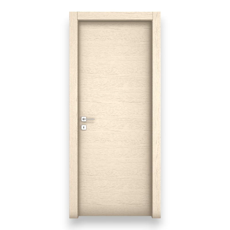 Porta battente reversibile moderna da interno completa in legno di abete beige con venature giuntato con serratura e profili
