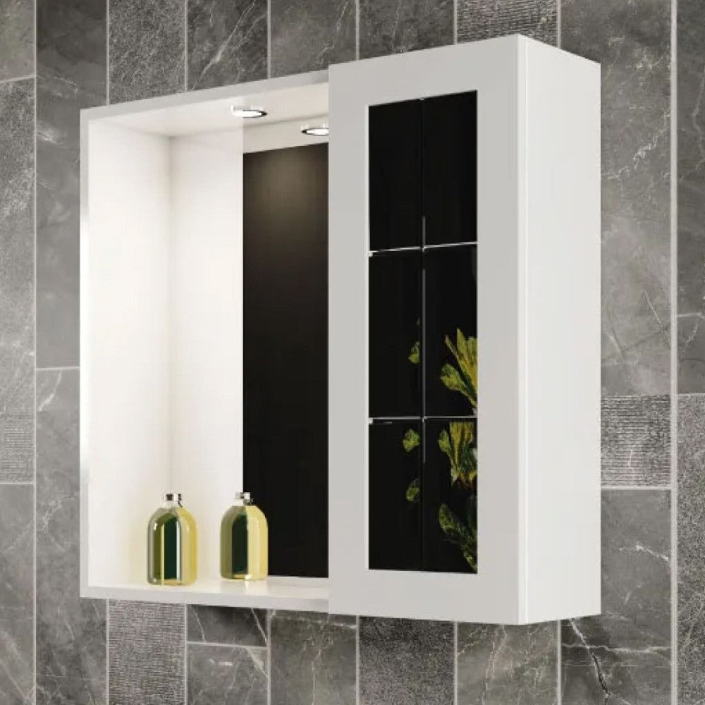 Specchiera bagno mobiletto pensile in legno bianco laccato con anta a specchio stile inglese con luce led ed interruttore Sally