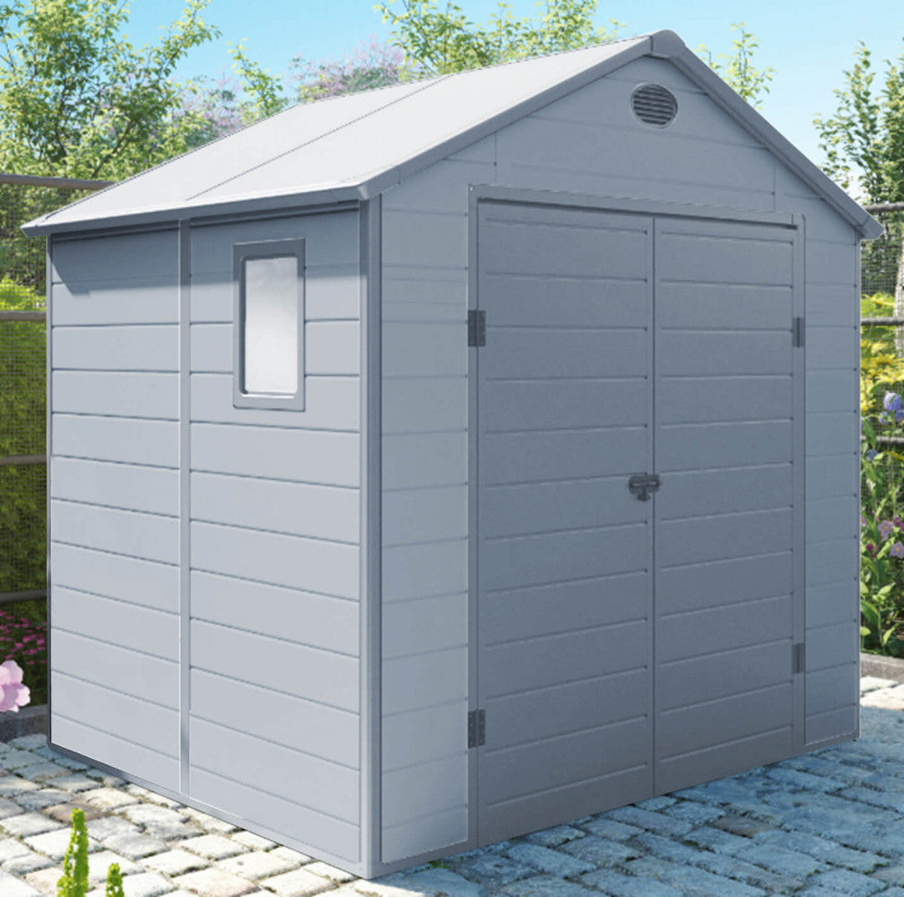 Casetta cottage da giardino porta attrezzi in resina effetto legno Montebianco Grigio Chiaro