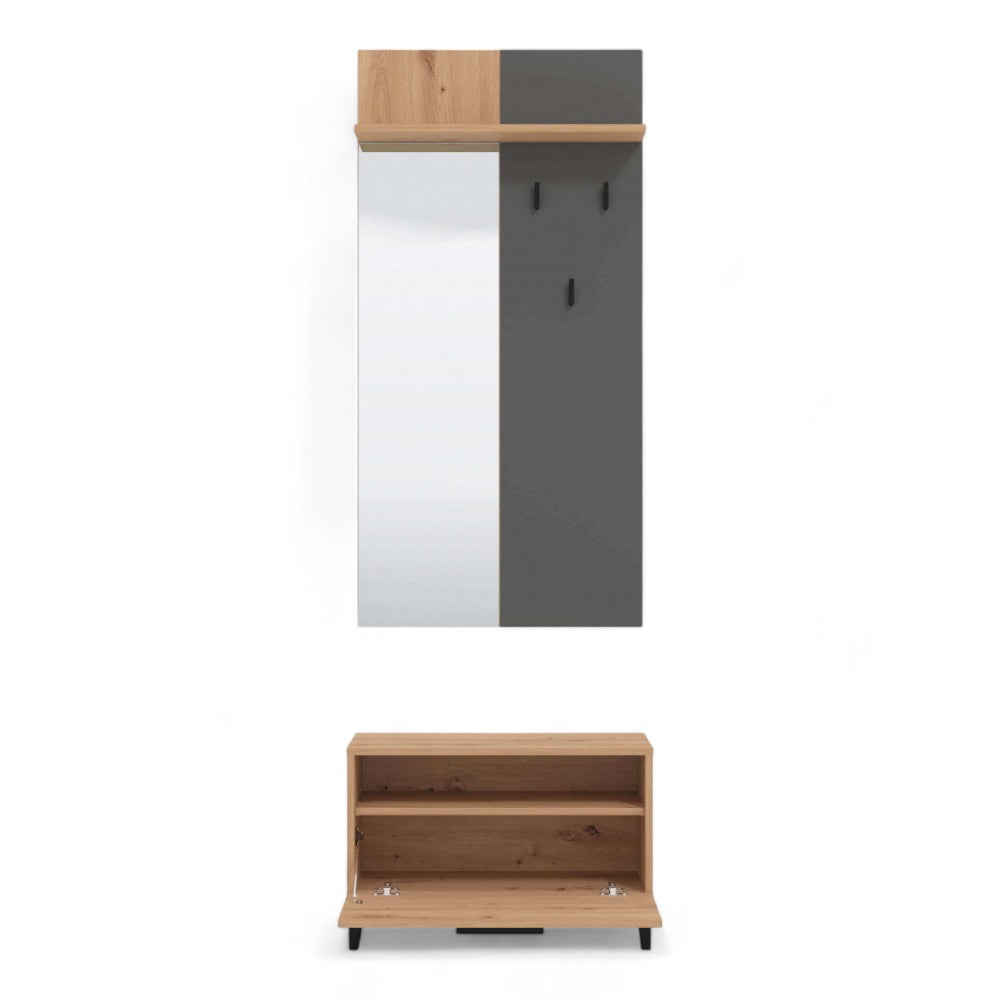 Ingresso in legno rovere artigiano e grigio grafite con ripiani salvaspazio in truciolare bilaminato perfetto per l'arredo moderno