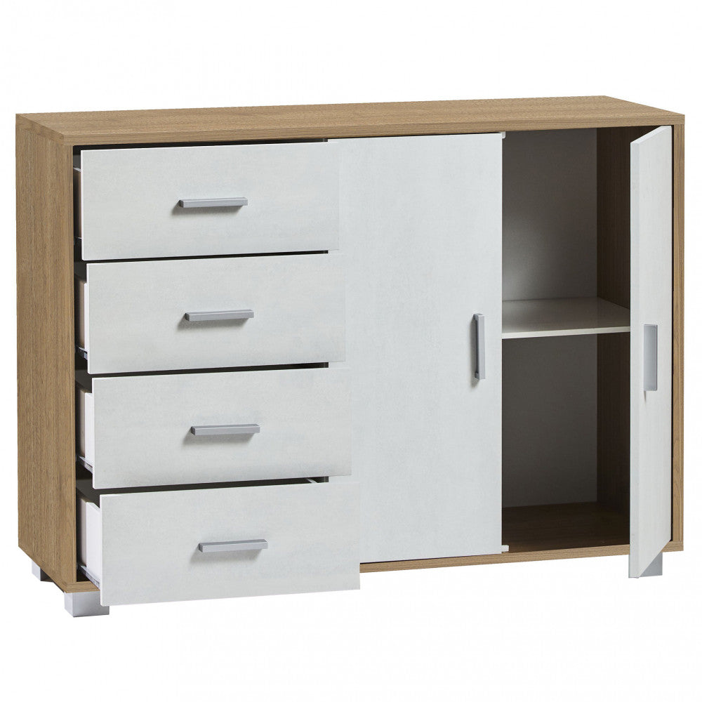 Mobile credenza da soggiorno con 2 ante e 4 cassetti in legno nobilitato