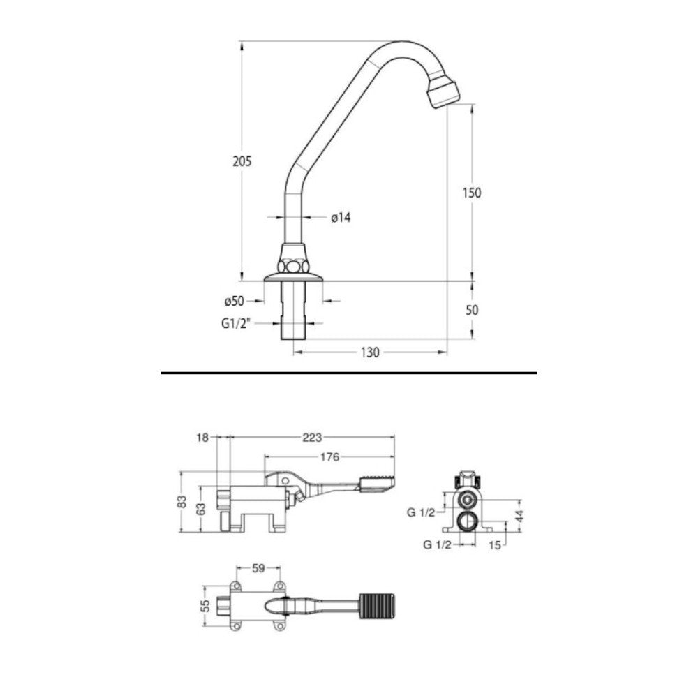Kit preassemblato con rubinetto a pedale in ottone cromato