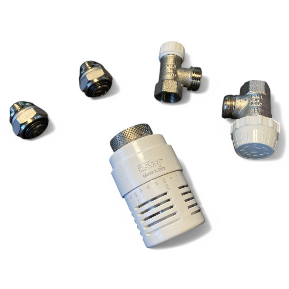 Kit valvole termostatiche ad angolo attacco F con comando termostatico ad olio e detentore per tubo in ferro