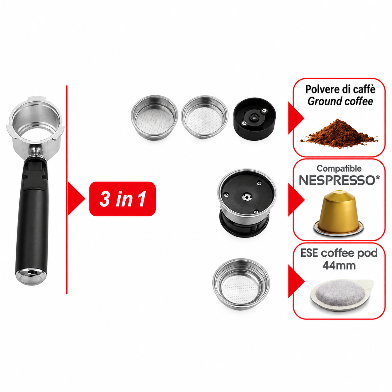 Macchina per caffè 850W compatibile con cialde e caffè macinato con lancia per cappuccino