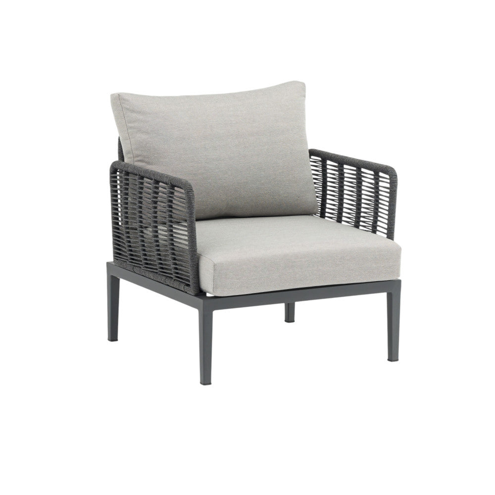 Salotto due posti con cuscini struttura in alluminio verniciato antracite e rivestimento in corda Margot