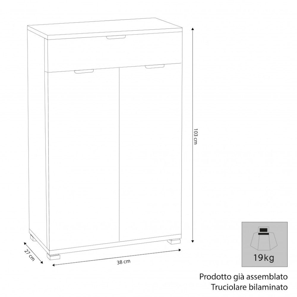 Mobiletto in truciolare bilaminato marrone chiaro a 2 ante e 1 cassetto 60x38xH103 cm