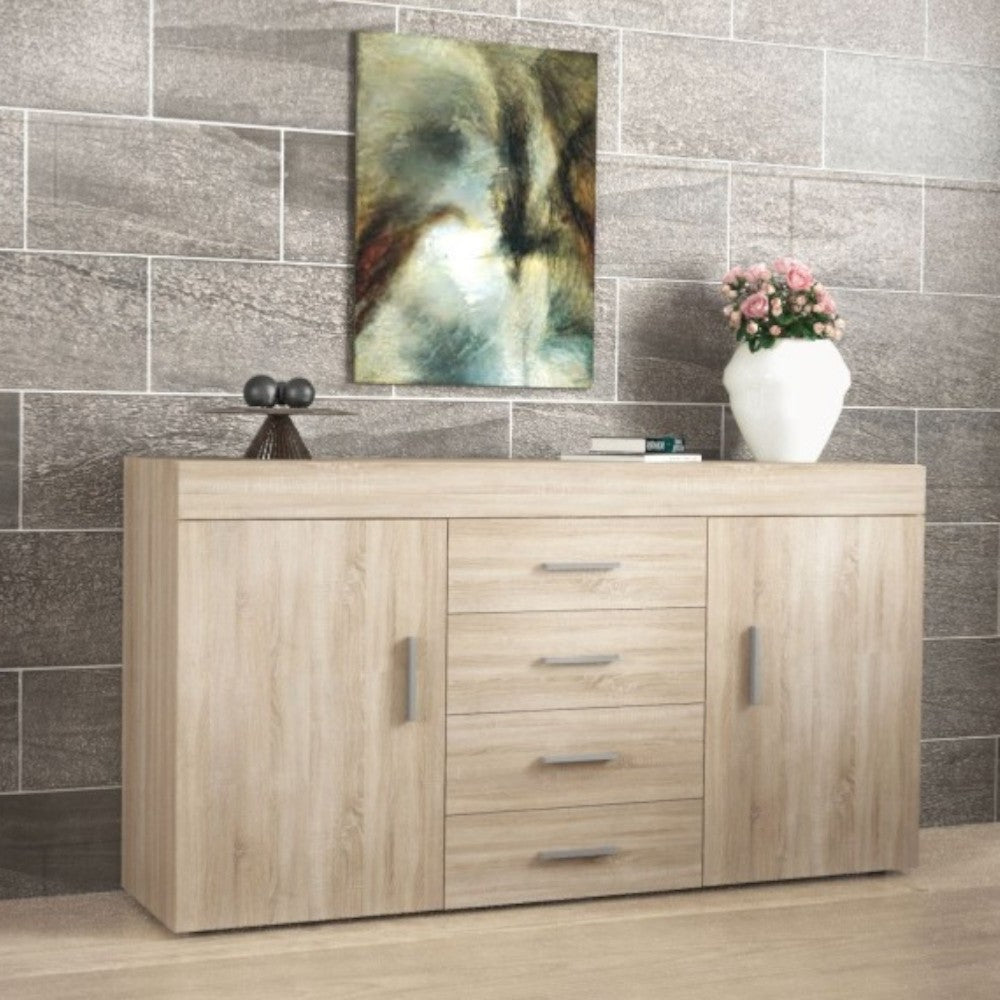 Mobile madia in truciolare antigraffio quercia chiaro 150x40x81 cm con due ante quattro cassetti e ripiani interni