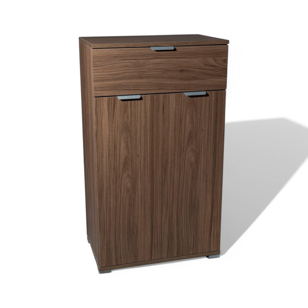 Mobiletto in truciolare bilaminato marrone con 2 ante e 1 cassetto tinta noce 60x38xH103 cm