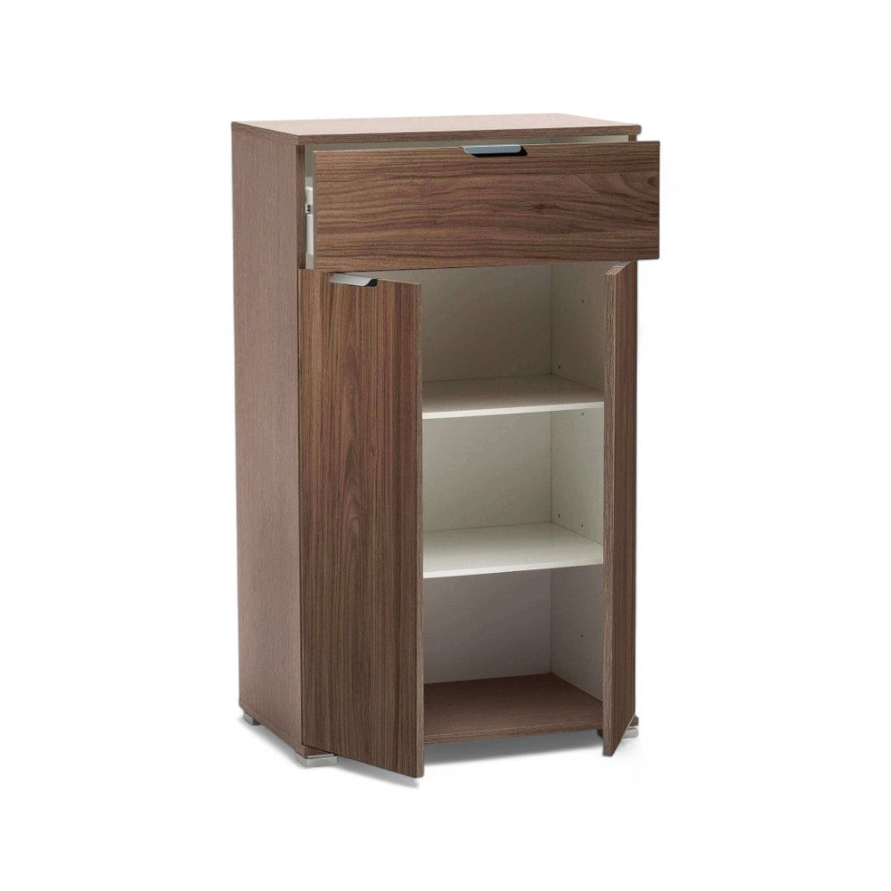 Mobiletto in truciolare bilaminato marrone con 2 ante e 1 cassetto tinta noce 60x38xH103 cm