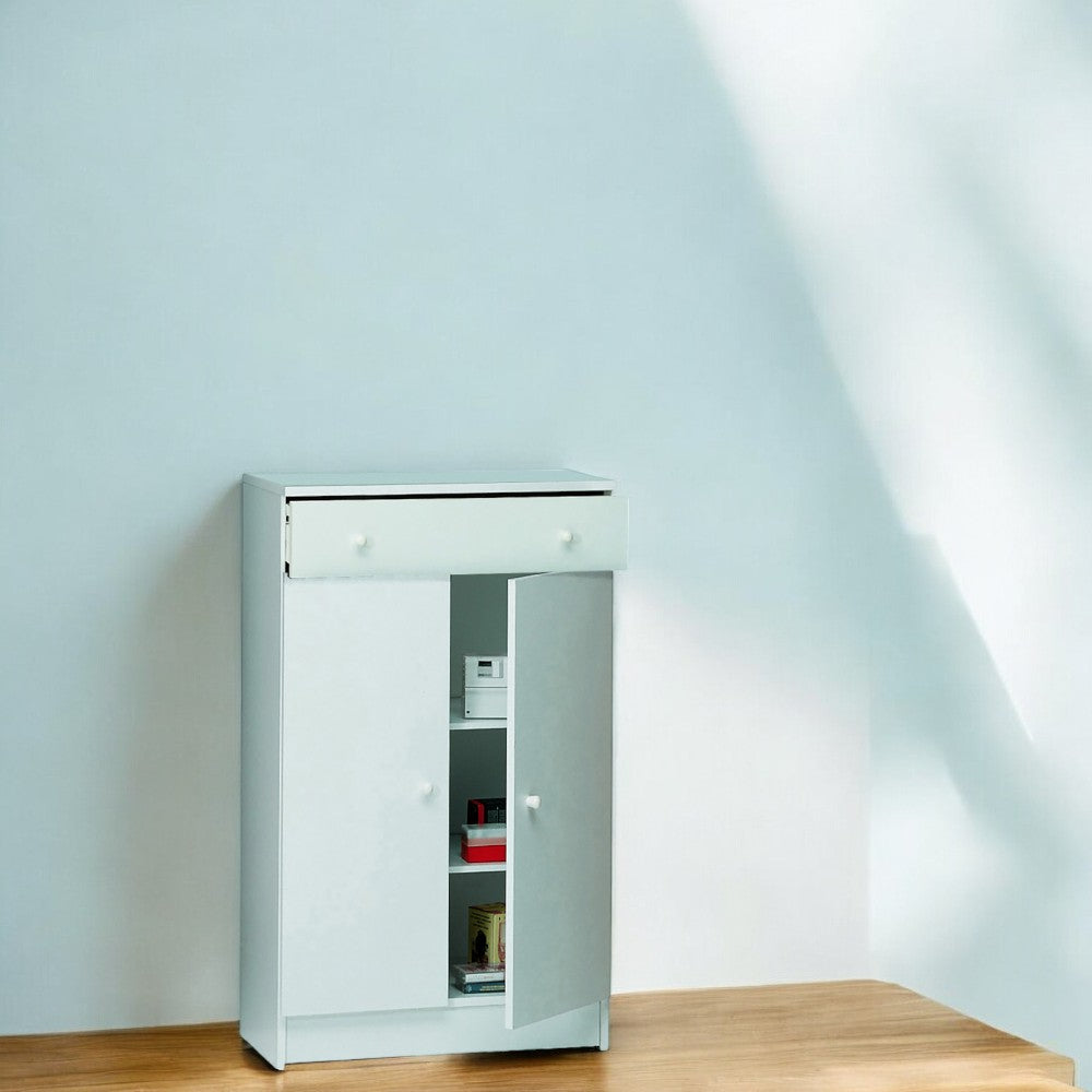 mobile portaoggetti con 2 ante 1 cassetto bianco liscio dimensioni 62x34x105 cm ideale per ingresso e arredo casa in MDF