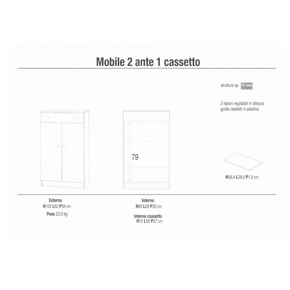 mobile portaoggetti con 2 ante 1 cassetto bianco liscio dimensioni 62x34x105 cm ideale per ingresso e arredo casa in MDF
