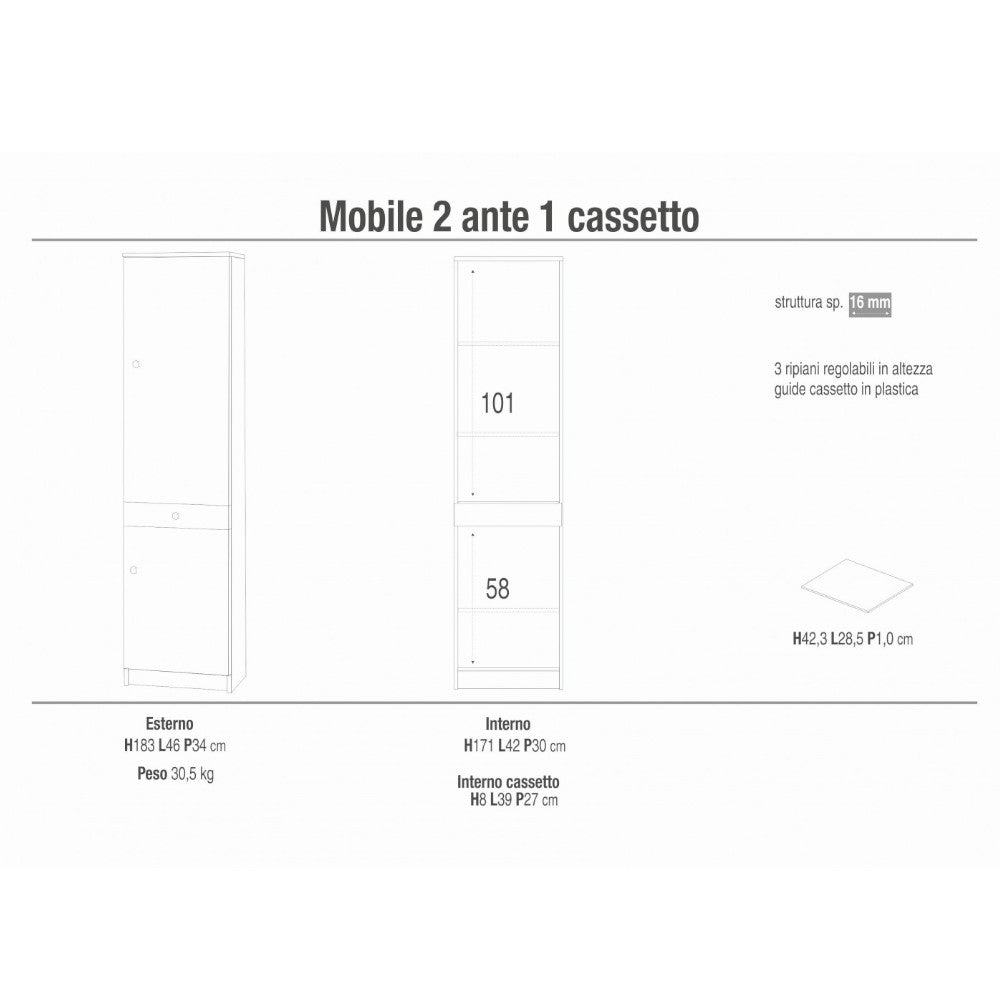 Colonna portaoggetti eucalipto beige con due ante e cassetto 46x34x183 cm struttura in MDF versatile per casa e ufficio