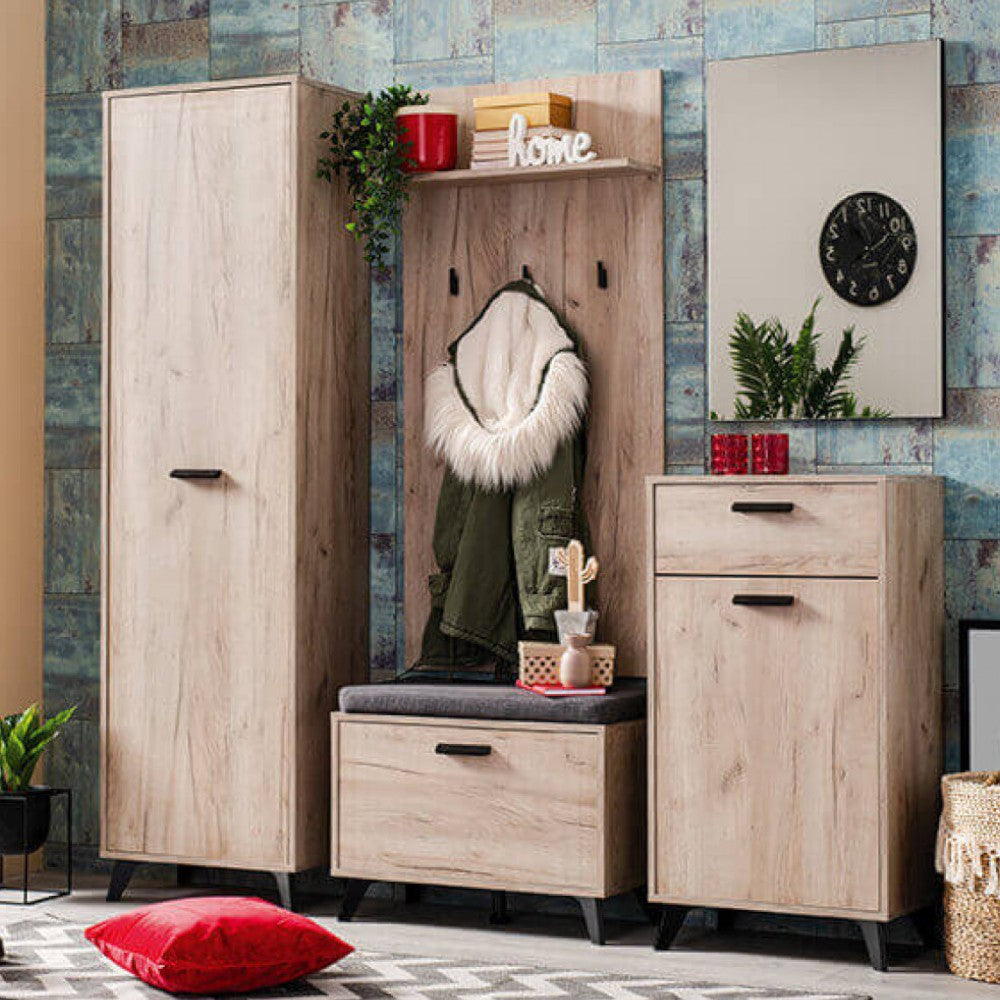 Mobile d'ingresso Umbria in rovere grigio con truciolare bilaminato dimensioni cm 67x19.5x137 altezza design moderno