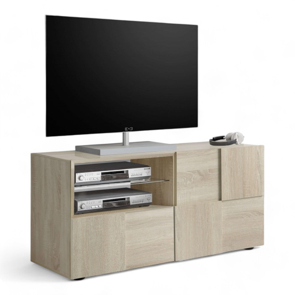 Base tv piccola in legno truciolare bilaminato rovere marrone dimensioni 122x57x43 cm adatta a ogni ambiente