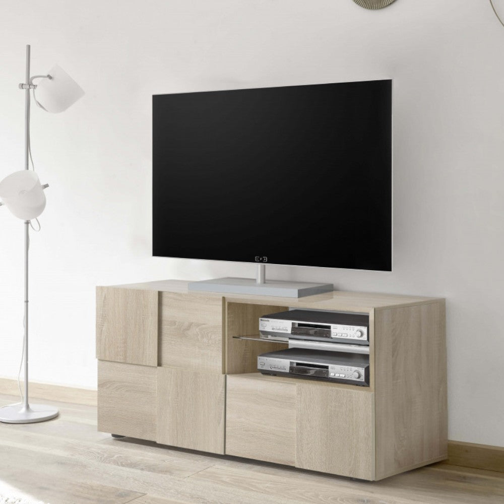 Base tv piccola in legno truciolare bilaminato rovere marrone dimensioni 122x57x43 cm adatta a ogni ambiente