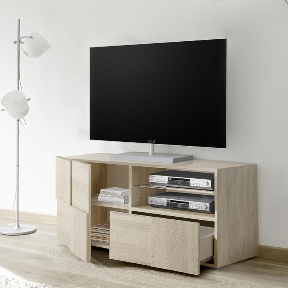 Base tv piccola in legno truciolare bilaminato rovere marrone dimensioni 122x57x43 cm adatta a ogni ambiente