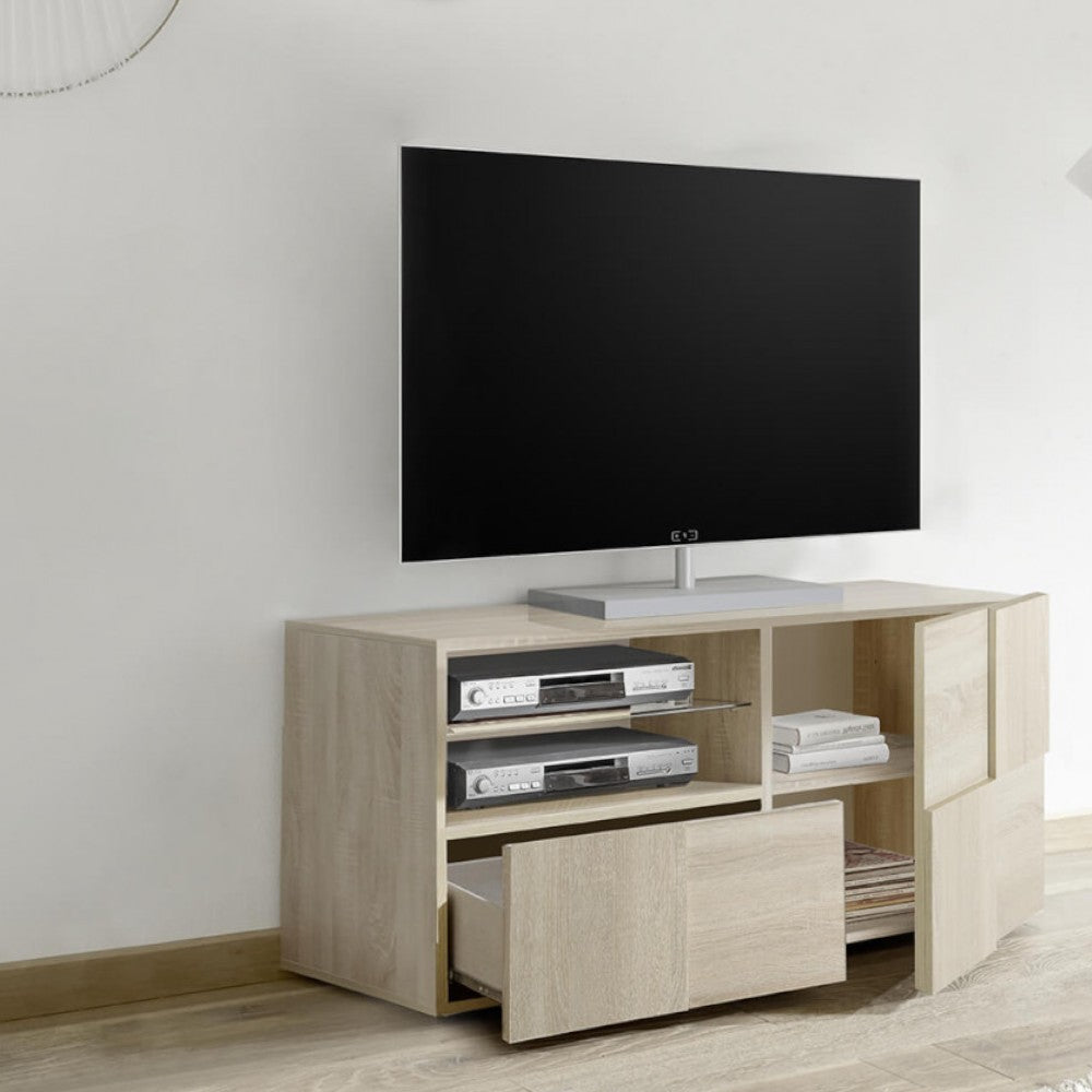 Base tv piccola in legno truciolare bilaminato rovere marrone dimensioni 122x57x43 cm adatta a ogni ambiente