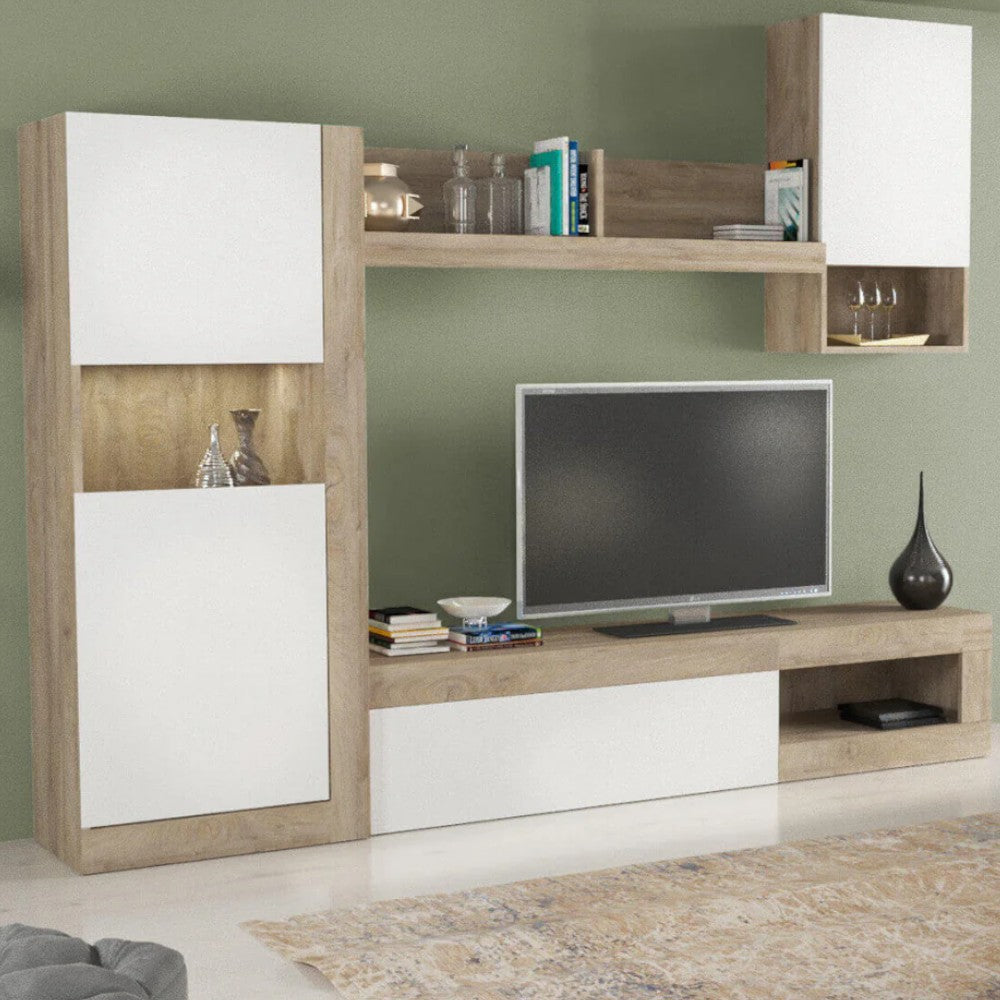 Parete attrezzata bianca rovere grigio soggiorno con pensile scaffale colonna bassa cassettone vani a giorno