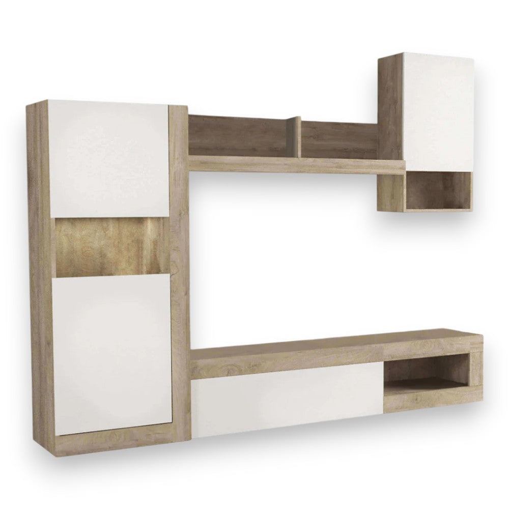 Parete attrezzata bianca rovere grigio soggiorno con pensile scaffale colonna bassa cassettone vani a giorno