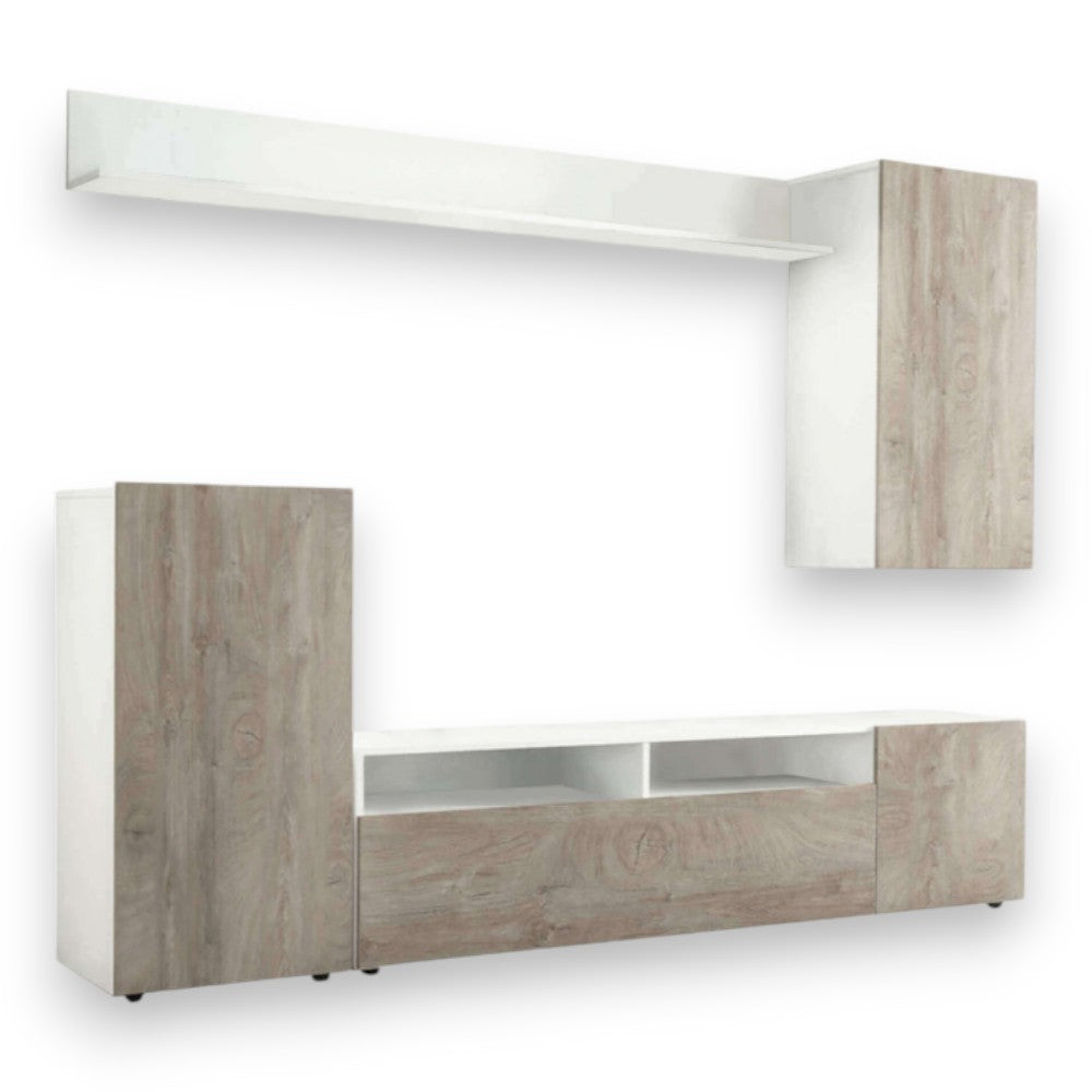 Parete attrezzata soggiorno moderna bianca rovere grigio con pensile scaffale e cassettone cm 210x36,5x170h