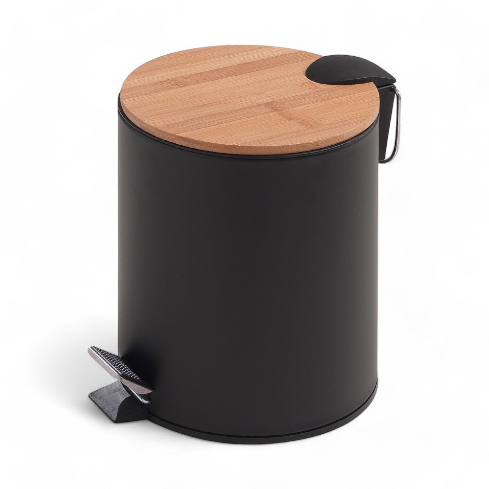 Pattumiera elegante moderna in metallo da bagno 5 litri con pedale per apertura e cestino estraibile con coperchio in bamboo