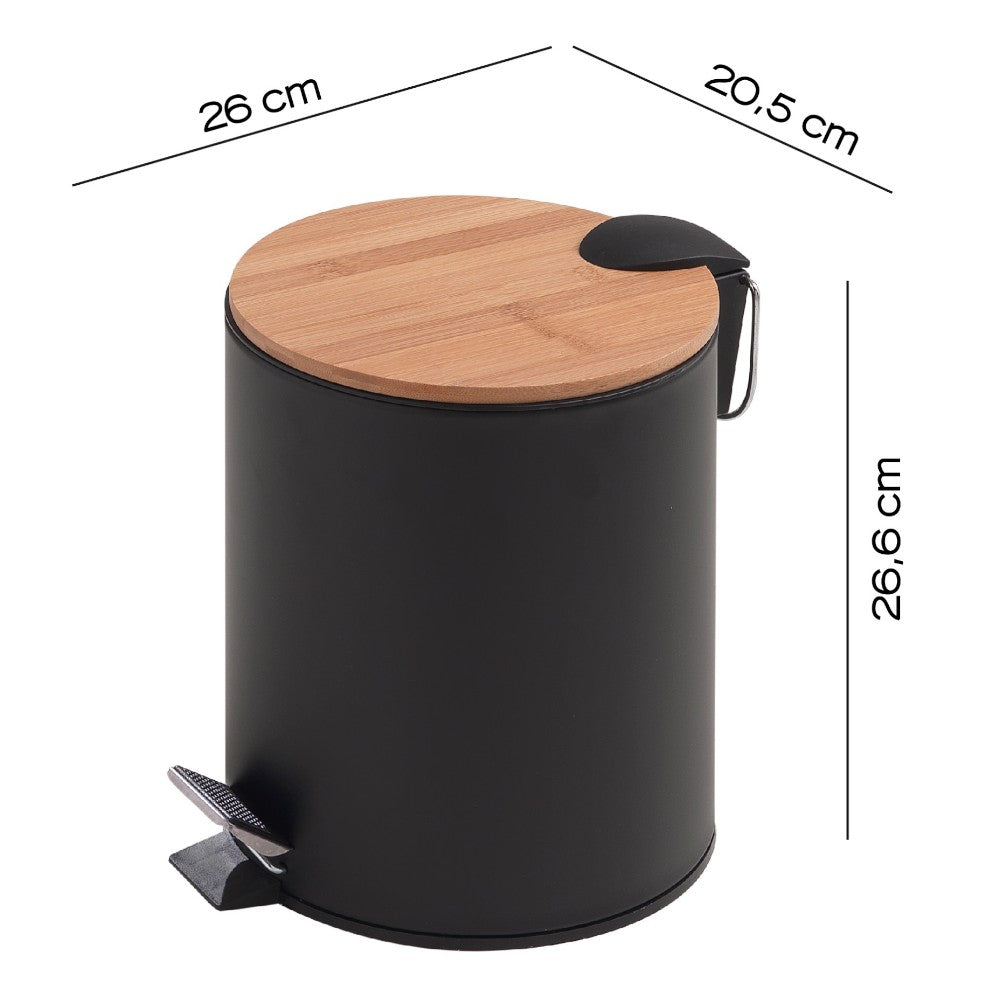 Pattumiera elegante moderna in metallo da bagno 5 litri con pedale per apertura e cestino estraibile con coperchio in bamboo