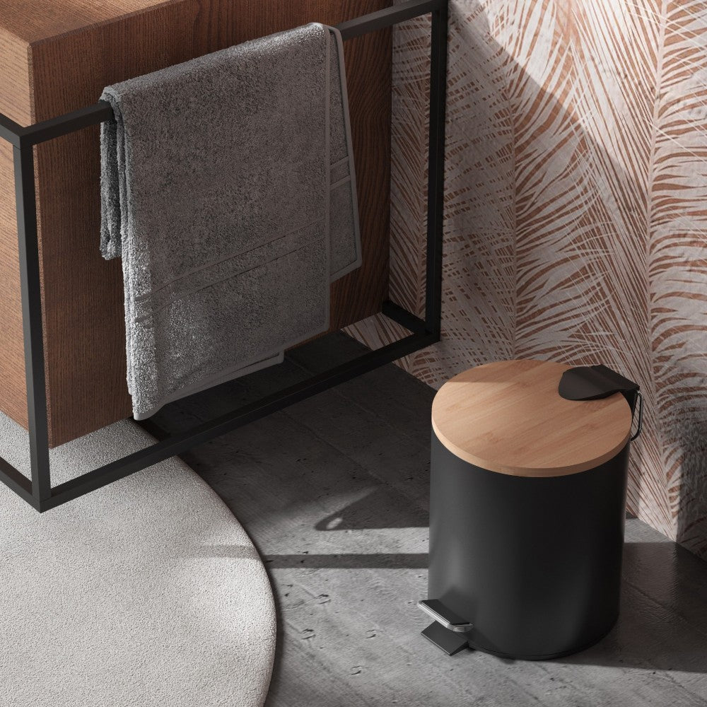 Pattumiera elegante moderna in metallo da bagno 5 litri con pedale per apertura e cestino estraibile con coperchio in bamboo