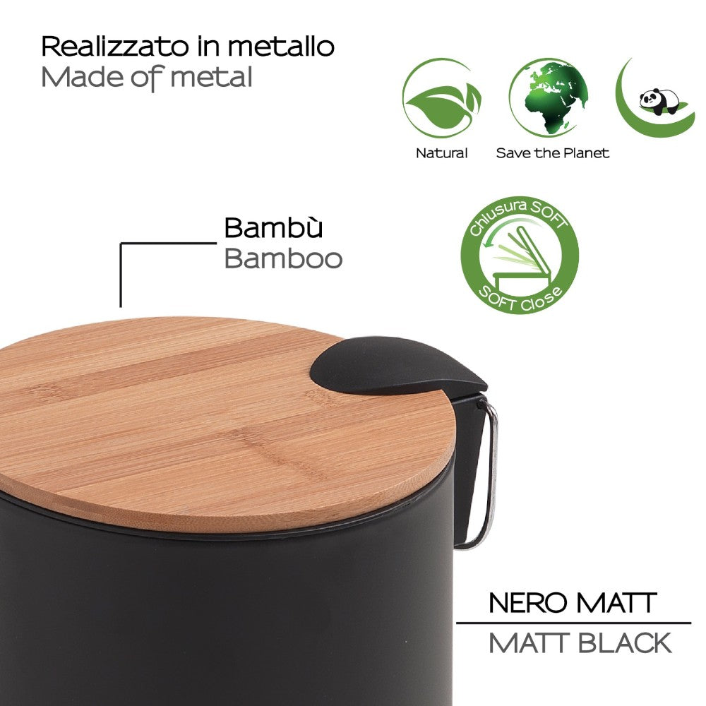 Pattumiera elegante moderna in metallo da bagno 5 litri con pedale per apertura e cestino estraibile con coperchio in bamboo