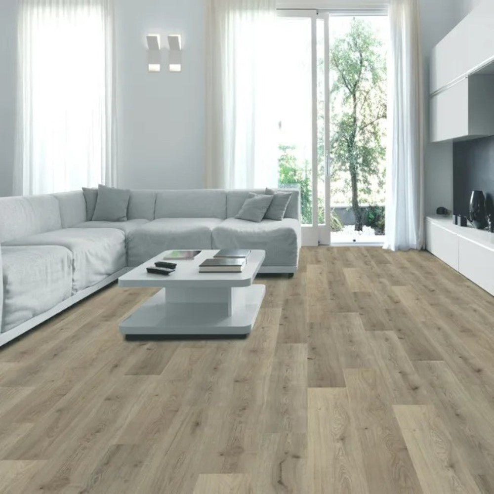 Pavimento laminato in fibra di legno con strato protettivo in corindone rovere beige ad incastro alta resistenza usura e macchie per riscaldamento