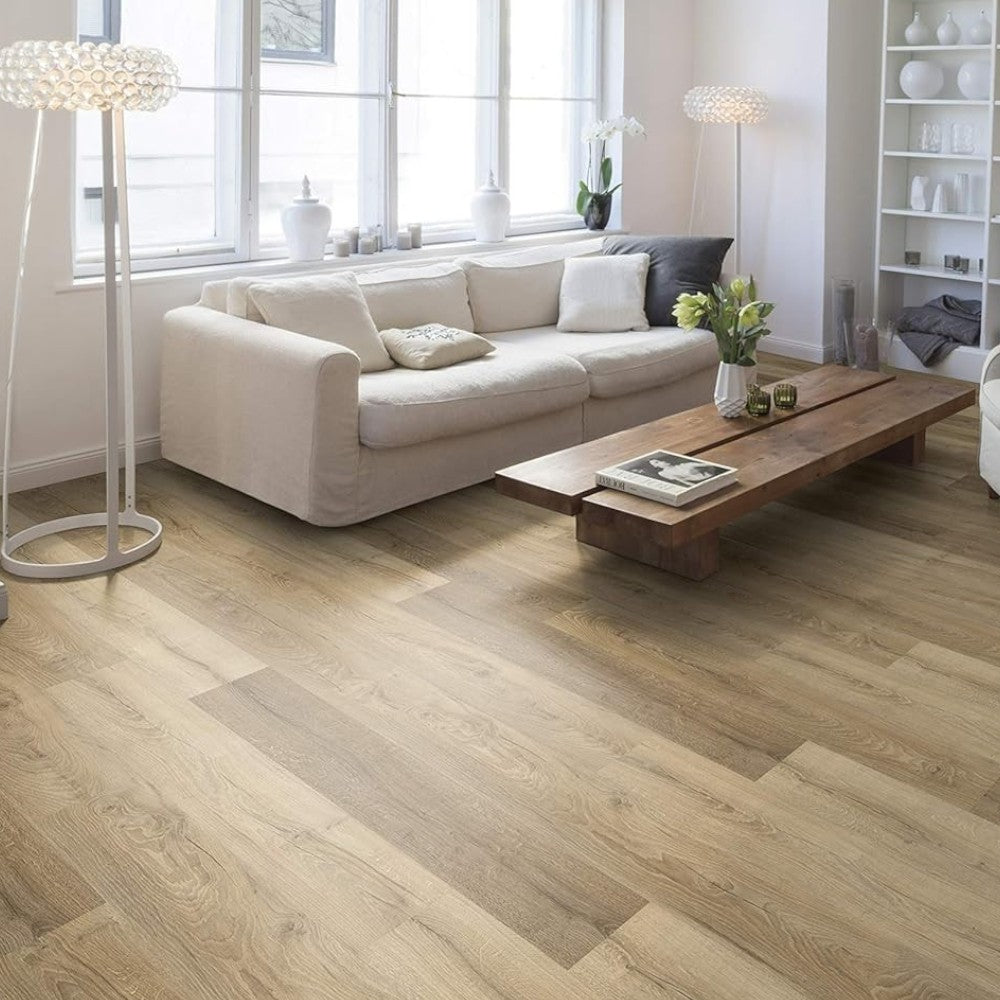 Pavimento laminato in fibra di legno con strato protettivo in corindone rovere beige ad incastro alta resistenza usura e macchie per riscaldamento