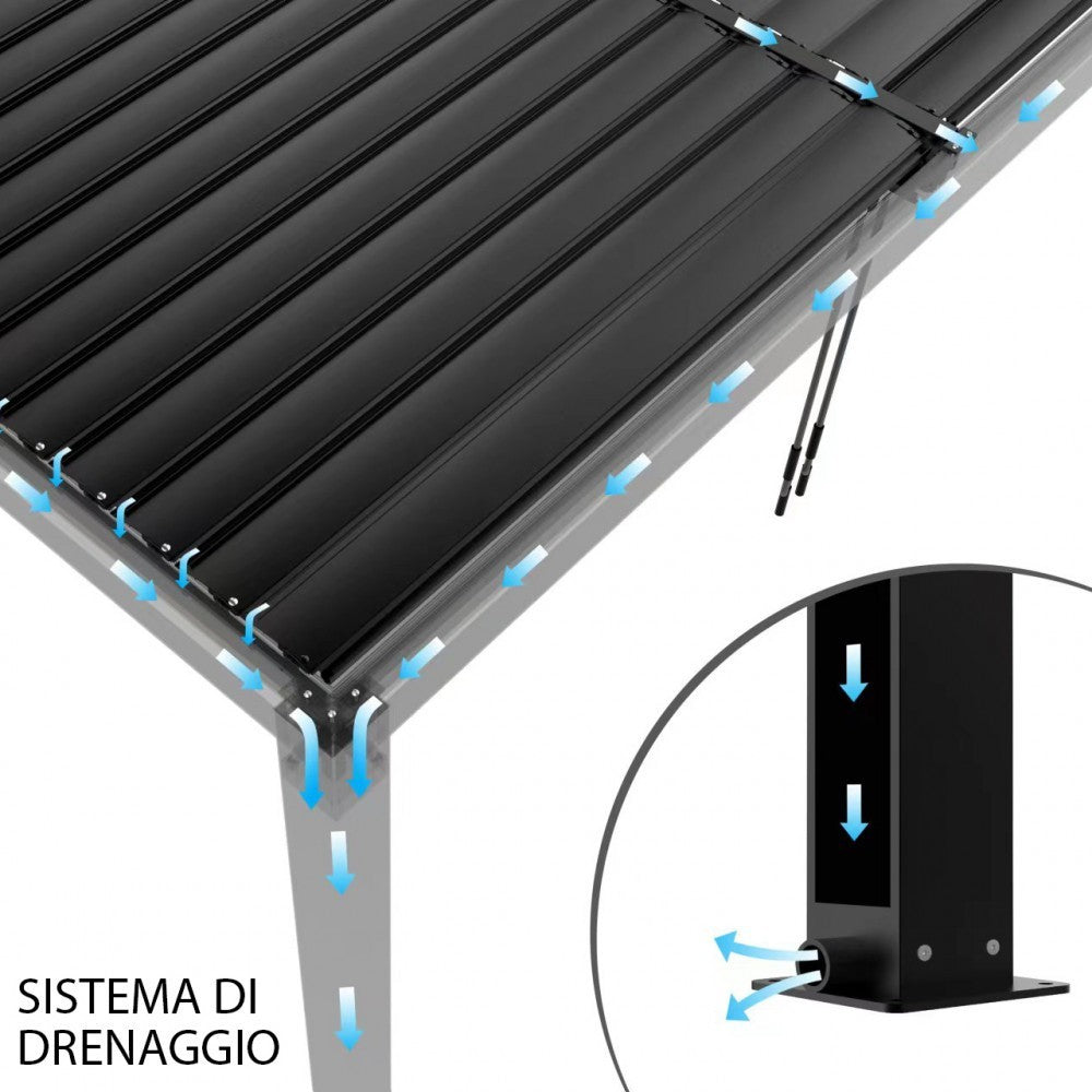 Pergola bioclimatica 3x3 mt. in alluminio con copertura a lamelle frangisole divise in due sezioni resistente alle intemperie