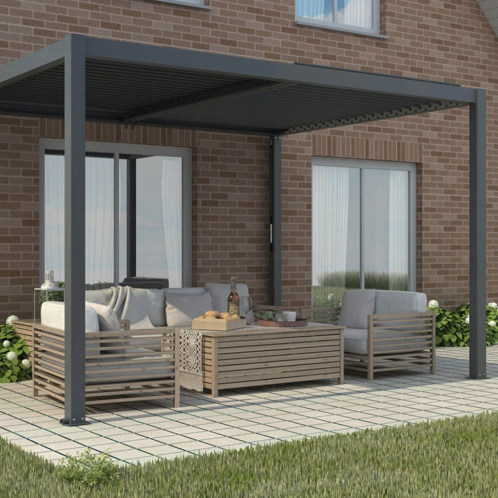 Pergola bioclimatica 3x3 mt. in alluminio con copertura a lamelle frangisole divise in due sezioni resistente alle intemperie